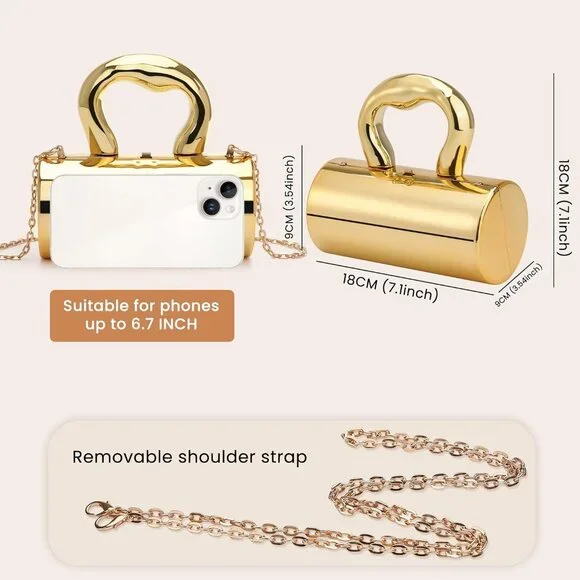 Women's Barrel Acrylic Clasp Removable Strap Lift Up Lock Gold Clutch Purse - Picture 3 of 6